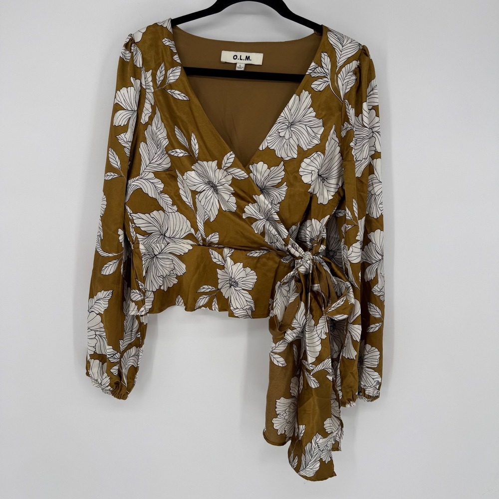 OLM SATIN FLORAL WRAP BLOUSE LARGE BIG BOW